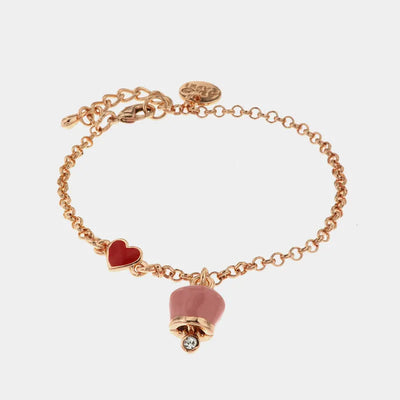 Bracciale in Metallo con cuore rosso e campanella portafortuna pendente, impreziosita da smalto rosa e punto luce - BYSIMON gioielli