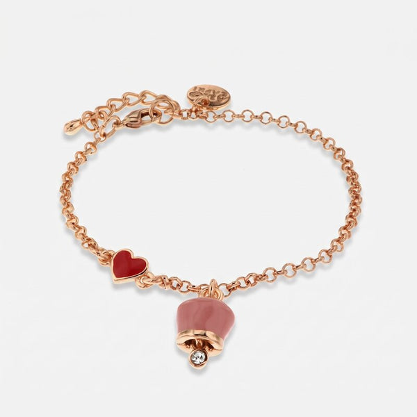 Bracciale in Metallo con cuore rosso e campanella portafortuna pendente, impreziosita da smalto rosa e punto luce - BYSIMON gioielli