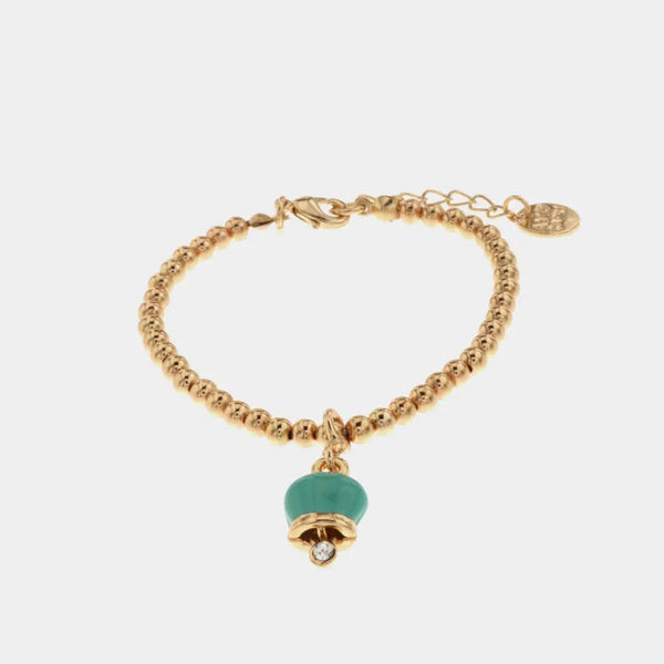 Bracciale in Metallo maglia a sfere con campanella portafortuna pendente verde acqua - BYSIMON gioielli
