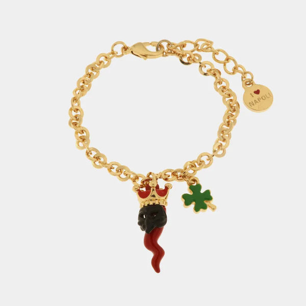 Bracciale con cornetto portafortuna rosso e quadrifoglio in metallo | bracciale cornetto portafortuna | BYSIMON