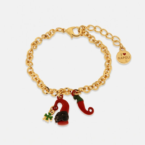 Bracciale in metallo con cornetto portafortuna rosso e quadrifoglio | bracciale cornetto portafortuna | BYSIMON