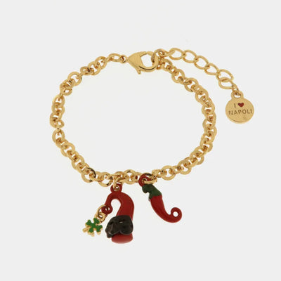 Bracciale in metallo con cornetto portafortuna rosso e quadrifoglio | bracciale cornetto portafortuna | BYSIMON