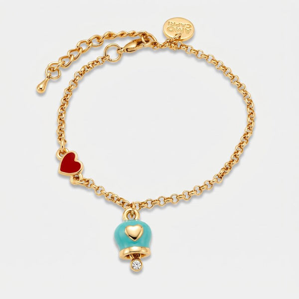 Bracciale in Metallo con campanella portafortuna in smalto turchese e cuore rosso - BYSIMON gioielli