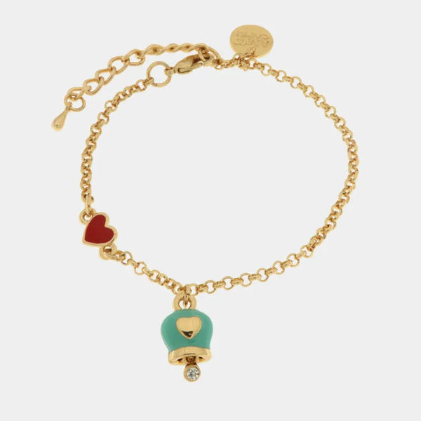Bracciale in Metallo con campanella portafortuna in smalto turchese e cuore rosso - BYSIMON gioielli