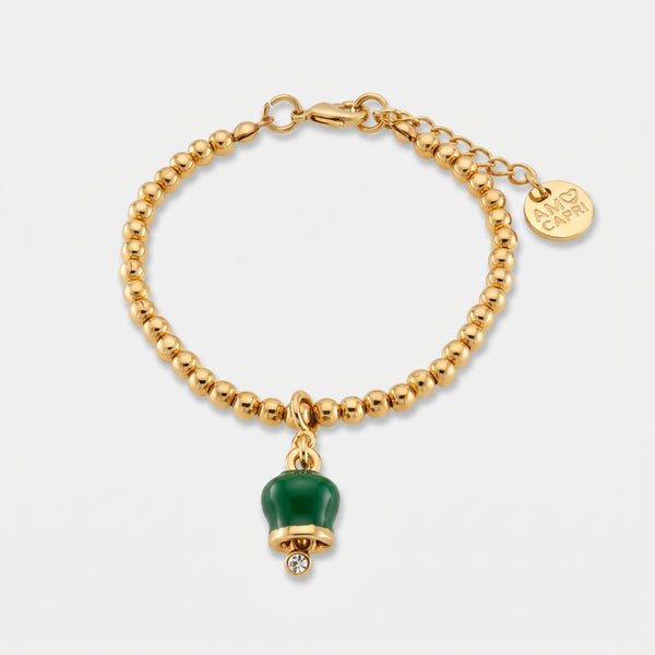 Bracciale in Metallo con campanella portafortuna impreziosita da smalto verde - BYSIMON gioielli