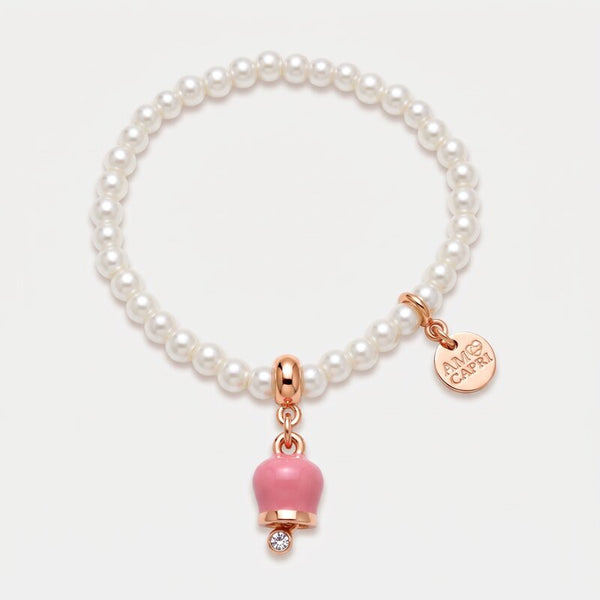 Bracciale in Metallo Bracciale in Metallo con perle e campanella portafortuna in smalto rosa - BYSIMON gioielli