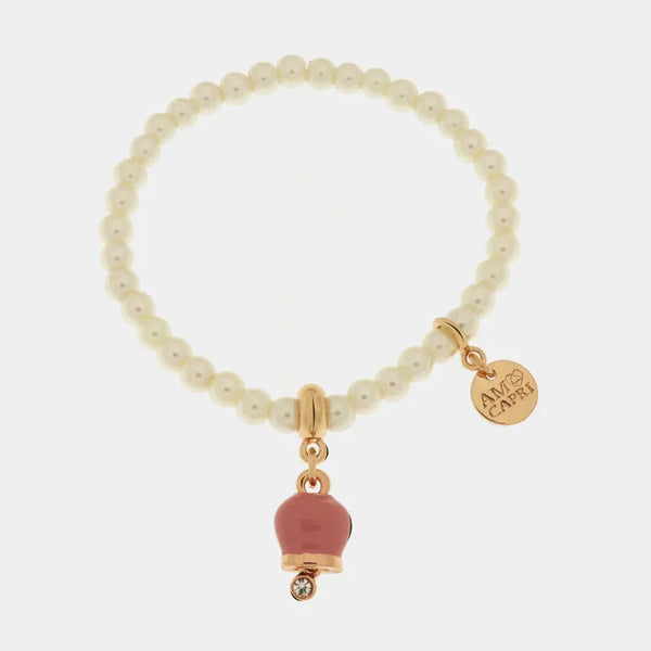 Bracciale in Metallo Bracciale in Metallo con perle e campanella portafortuna in smalto rosa - BYSIMON gioielli