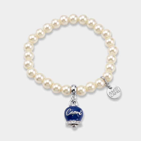 Bracciale in Metallo Bracciale in Metallo con perle e campanella portafortuna in smalto blu con scritta Capri