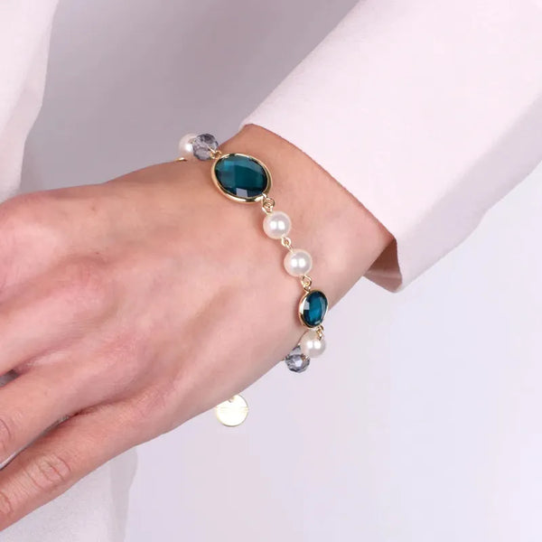 Bracciale in Metallo con cristalli azzurri ispirati all'art glass e perle