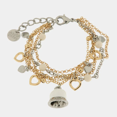 Bracciale in Metallo con ciondoli a forma di cuore e campanella smaltata bianca - BYSIMON gioielli