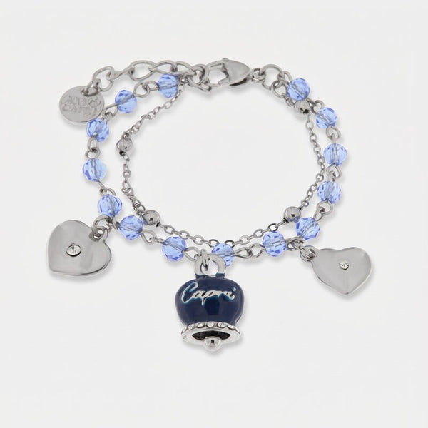 Bracciale in Metallo con campana smaltata blu e cuoricini pendenti