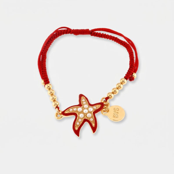 Bracciale in Metallo con cordino rosso e sfere con stella marina - BYSIMON gioielli