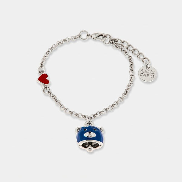 Bracciale in Metallo con campanella a forma di orso blu e cuore rosso - BYSIMON gioielli