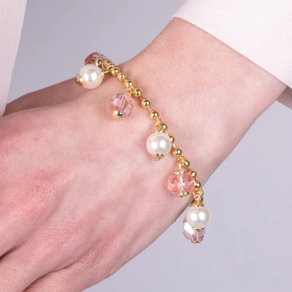 Bracciale in Metallo con cristalli rosa e perle sintetiche - BYSIMON gioielli