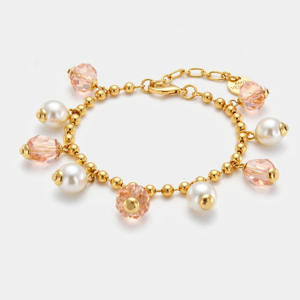 Bracciale in Metallo con cristalli rosa e perle sintetiche - BYSIMON gioielli