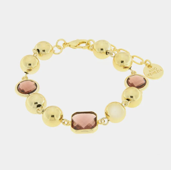 Bracciale in Metallo con pietre marroni e perle lucide - BYSIMON gioielli