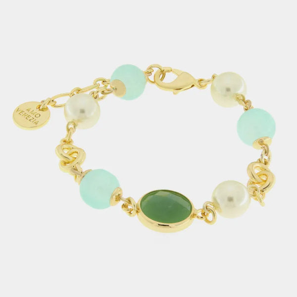 Bracciale in Metallo con cristallo verde e perle bianche e verde acqua - BYSIMON gioielli