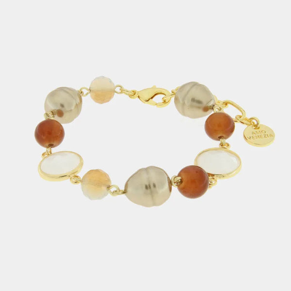 Bracciale in Metallo con crisatlli e perle marroni - BYSIMON gioielli