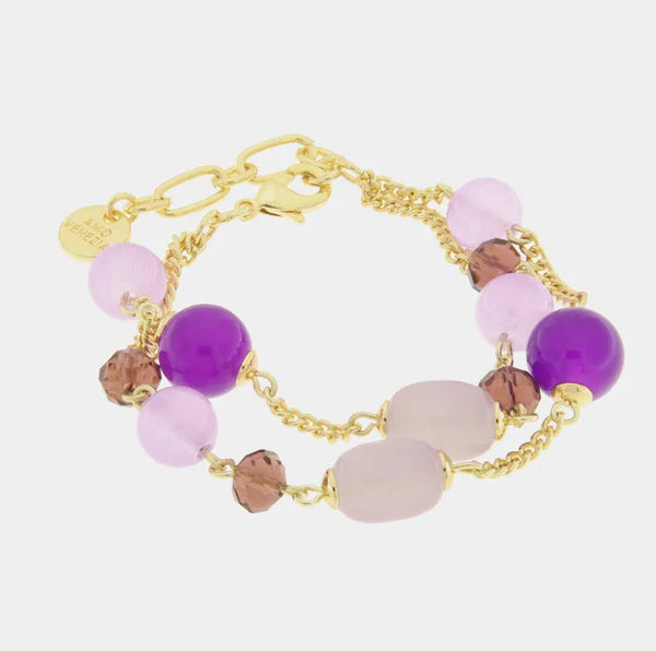 Bracciale in Metallo doppio filo con perle viola e pietre allungate - BYSIMON gioielli