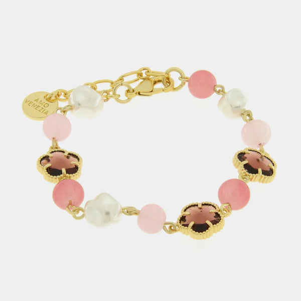 Bracciale in Metallo con cristalli a a forma di fiore rosa e perle - BYSIMON gioielli