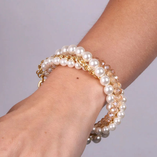 Bracciale in Metallo mutifilo intrecciato con perle e zriconi - BYSIMON gioielli
