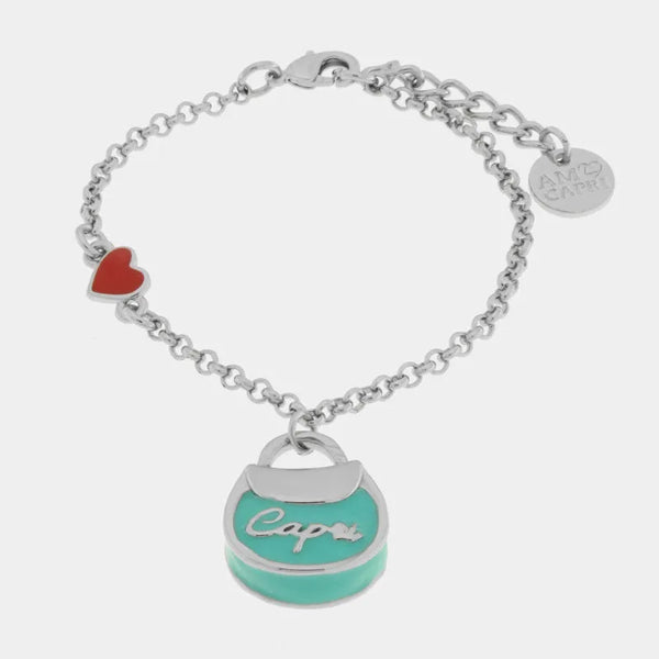 Bracciale in Metallo con borsa verde acqua scritta capri e cuore - BYSIMON gioielli