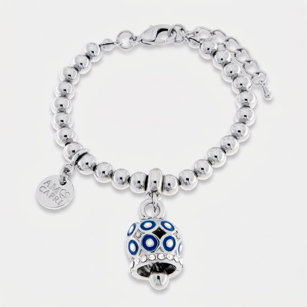 Bracciale in Metallo con campanella a pois blu e zirconi - BYSIMON gioielli