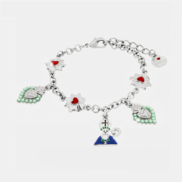 Bracciale in Metallo con San Gennaro cuore verde e cuore sacro - BYSIMON gioielli