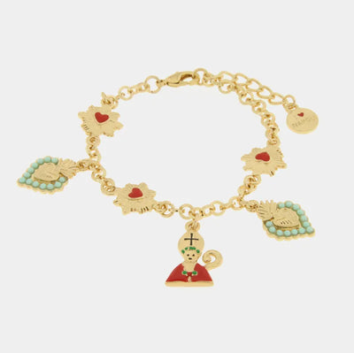 Bracciale in Metallo con San Gennaro cuore verde e cuore sacro placcato oro - BYSIMON gioielli