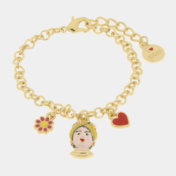 Bracciale in Metallo con testa di Moro gialla fiore e cuore - BYSIMON gioielli