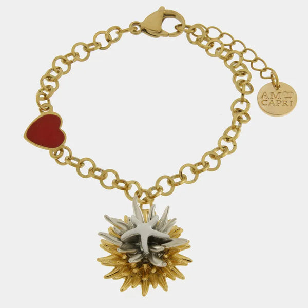 Bracciale in Metallo con riccio di mare placcato oro e argento, stella bianca e cuore