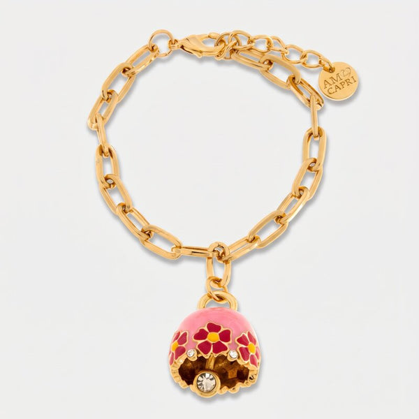 Bracciale in Metallo con campanella rosa e fiori - BYSIMON gioielli