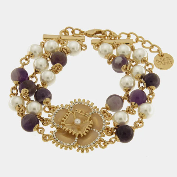 Bracciale in Metallo multifilo con fiore e perle placcato oro - BYSIMON gioielli
