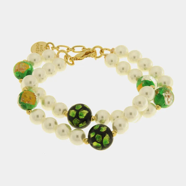 Bracciale in Metallo con doppio giro di perle e cristalli verdi - BYSIMON gioielli