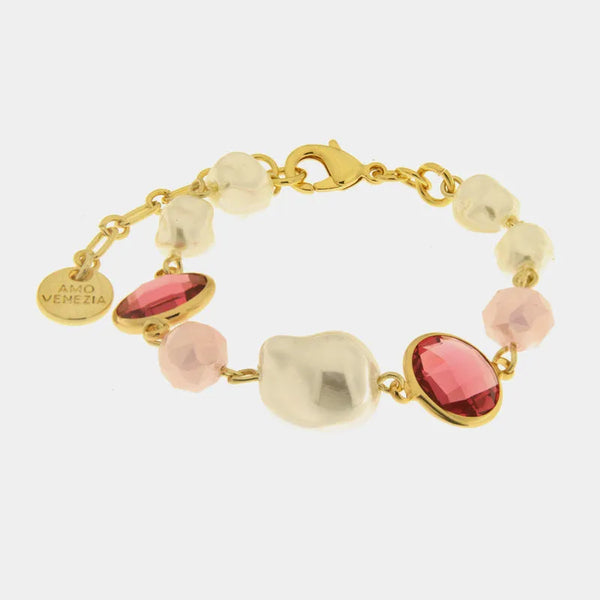 Bracciale in Metallo con perle e cristalli rosa - BYSIMON gioielli