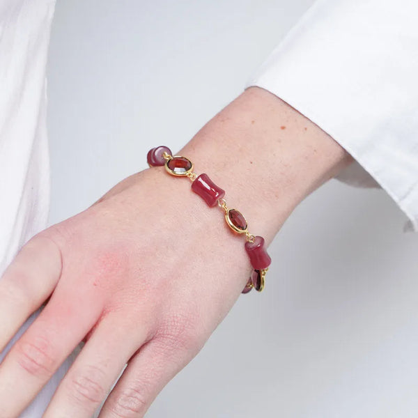 Bracciale in Metallo con cristalli marroni e sfere rosse - BYSIMON gioielli