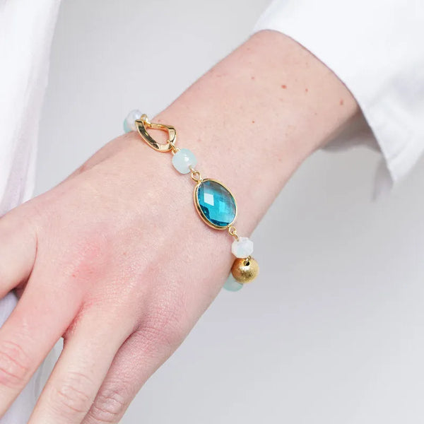 Bracciale in Metallo con cristallo azzurro e sfere colorate verdi - BYSIMON gioielli