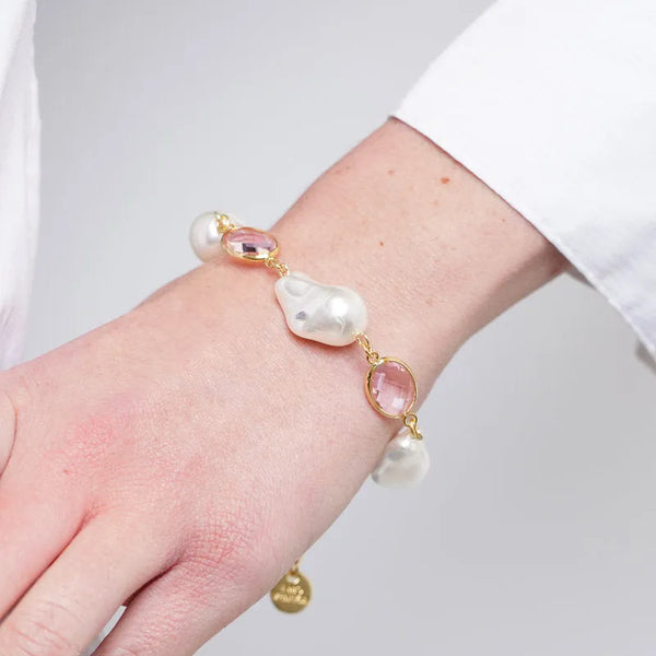 Bracciale in Metallo con cristalli rosa e perle - BYSIMON gioielli