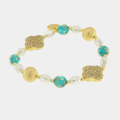 Bracciale in Metallo pietre azzurre art glass con fiori e perle