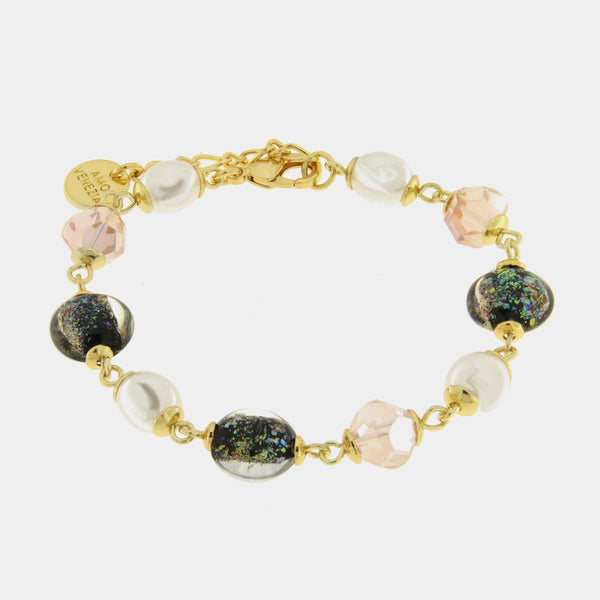 Bracciale in Metallo pietre blu e rosa art glass e perle - BYSIMON gioielli