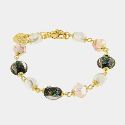 Bracciale in Metallo pietre blu e rosa art glass e perle