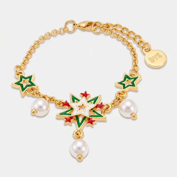 Bracciale in Metallo con fiocco di neve multicolore,stelle colorate, e perline sintetiche - BYSIMON gioielli