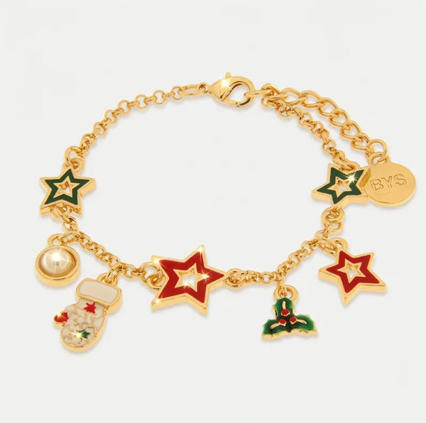 Bracciale in Metallo stelle di natale colorate, vischio e guanto bianco - BYSIMON gioielli
