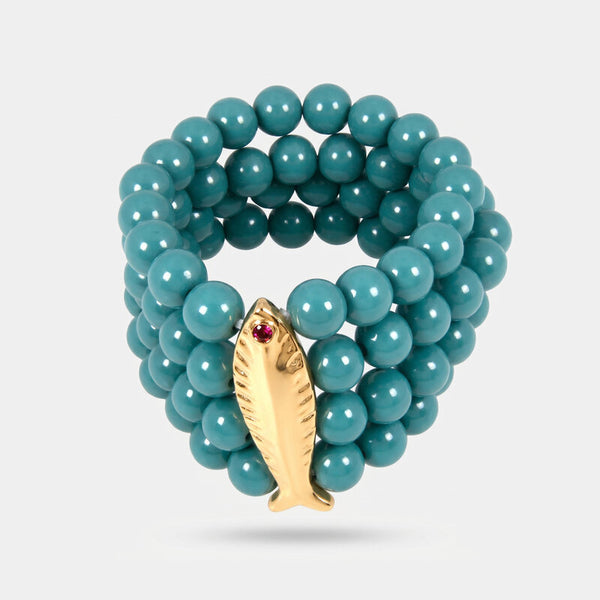Bracciale in Metallo con sfere turchesi e pesce con rifiniture martellate - BYSIMON gioielli