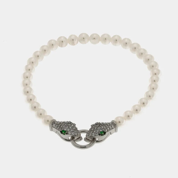 Bracciale in Metallo donna in metallo con sfere satinate e chiusura a forma di serpente argentato con cristalli luminosi - BYSIMON gioielli