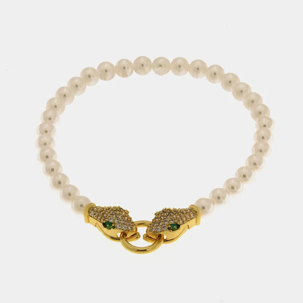 Bracciale in Metallo donna in metallo con sfere satinate e chiusura a forma di serpente dorato con cristalli luminosi, - BYSIMON gioielli