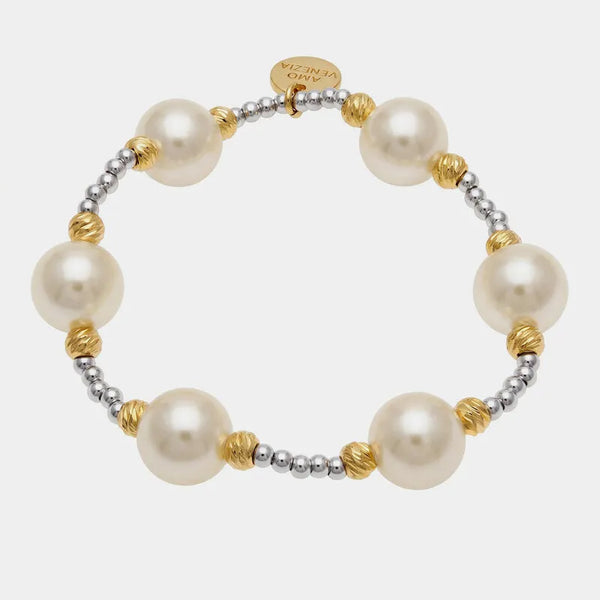 Bracciale in Metallo elastico sfere avorio dorate