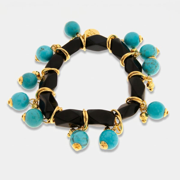 Bracciale in Metallo giro di cristalli neri con sfere turchesi pendenti - BYSIMON gioielli