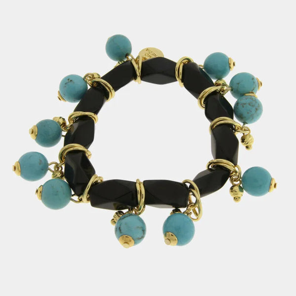 Bracciale in Metallo giro di cristalli neri con sfere turchesi pendenti - BYSIMON gioielli