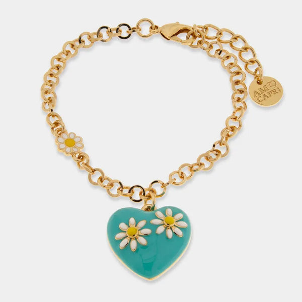 Bracciale in Metallo catena dorata cuore turchese margherite bianche charm Capri